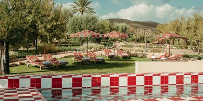 A red-and-white, checkered hotel pool grants a retro-fueled atmosphere to an otherwise rustic holiday setting punctuated by olive trees, earthy hills, sunshine, and parasols.