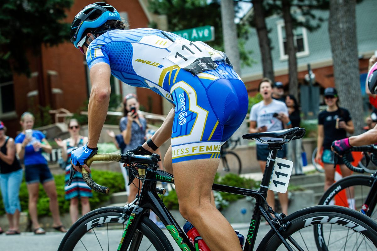 Rebecca Wiasak (Aus) Fearless Femme tackles the steep QOM climb on stage 3 of the Colorado Classic on August 24, 2019 in Golden, Colorado.