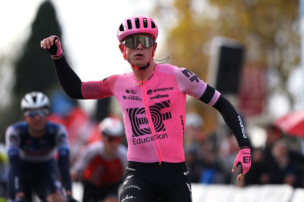 ALCUDIA SPAIN JANUARY 26 Marijn van den Berg of The Netherlands and Team EFEasyPost celebrates at finish line as race winner during the 32nd Challenge Ciclista Mallorca 2023 Trofeo Ses Salines Alcdia a 1586km one day race from Ses Salines to Por DAlcdia ChallengeMallorca on January 26 2023 in Alcudia Spain Photo by Dario BelingheriGetty Images