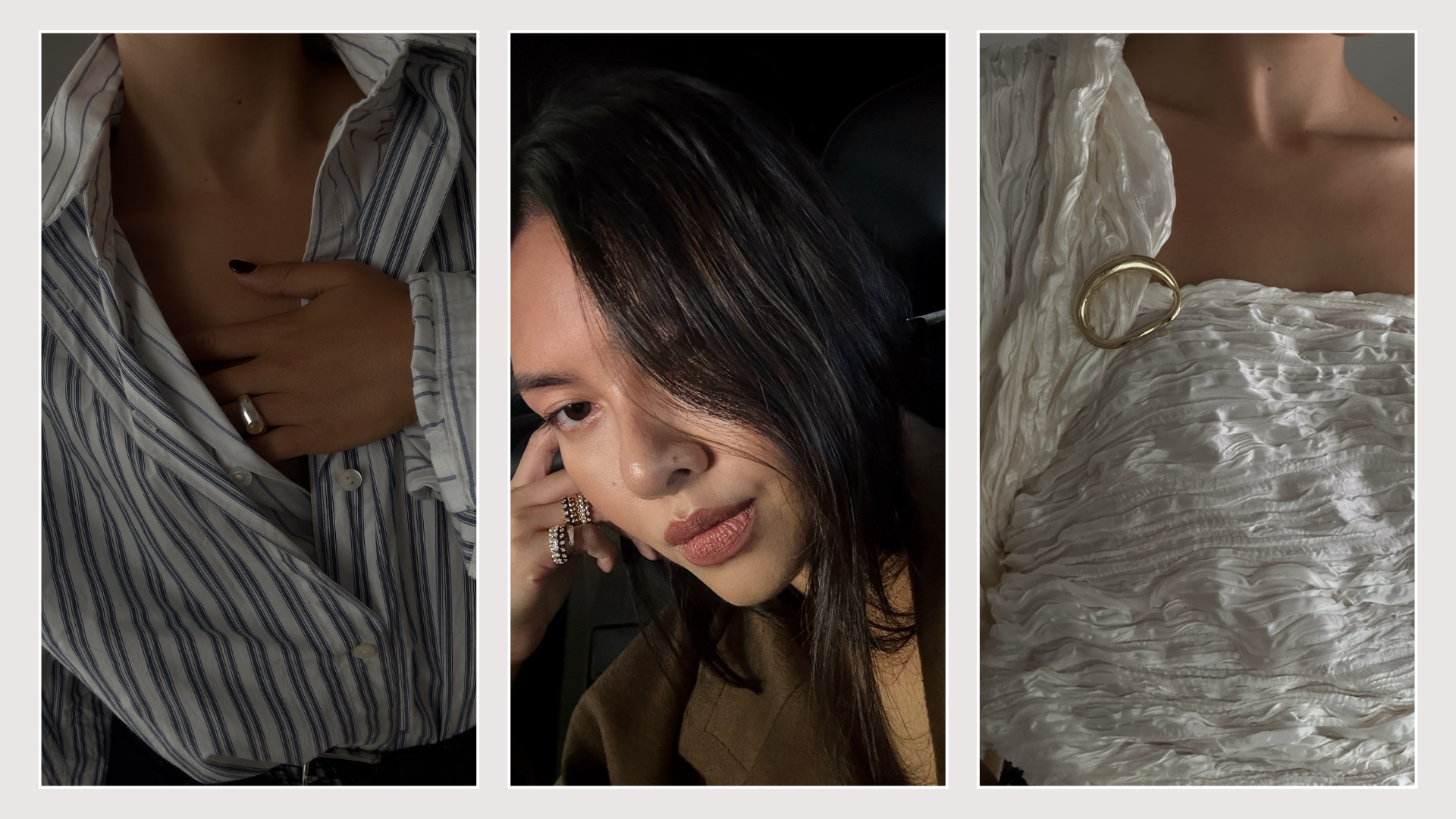 A collage of stylish imagery including a close-up shot of a striped shirt, a woman taking a selfie and a close-up shot of a white blouse