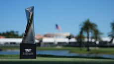 The Cadillac Championship trophy seen on the 18th tee at Trump National Doral