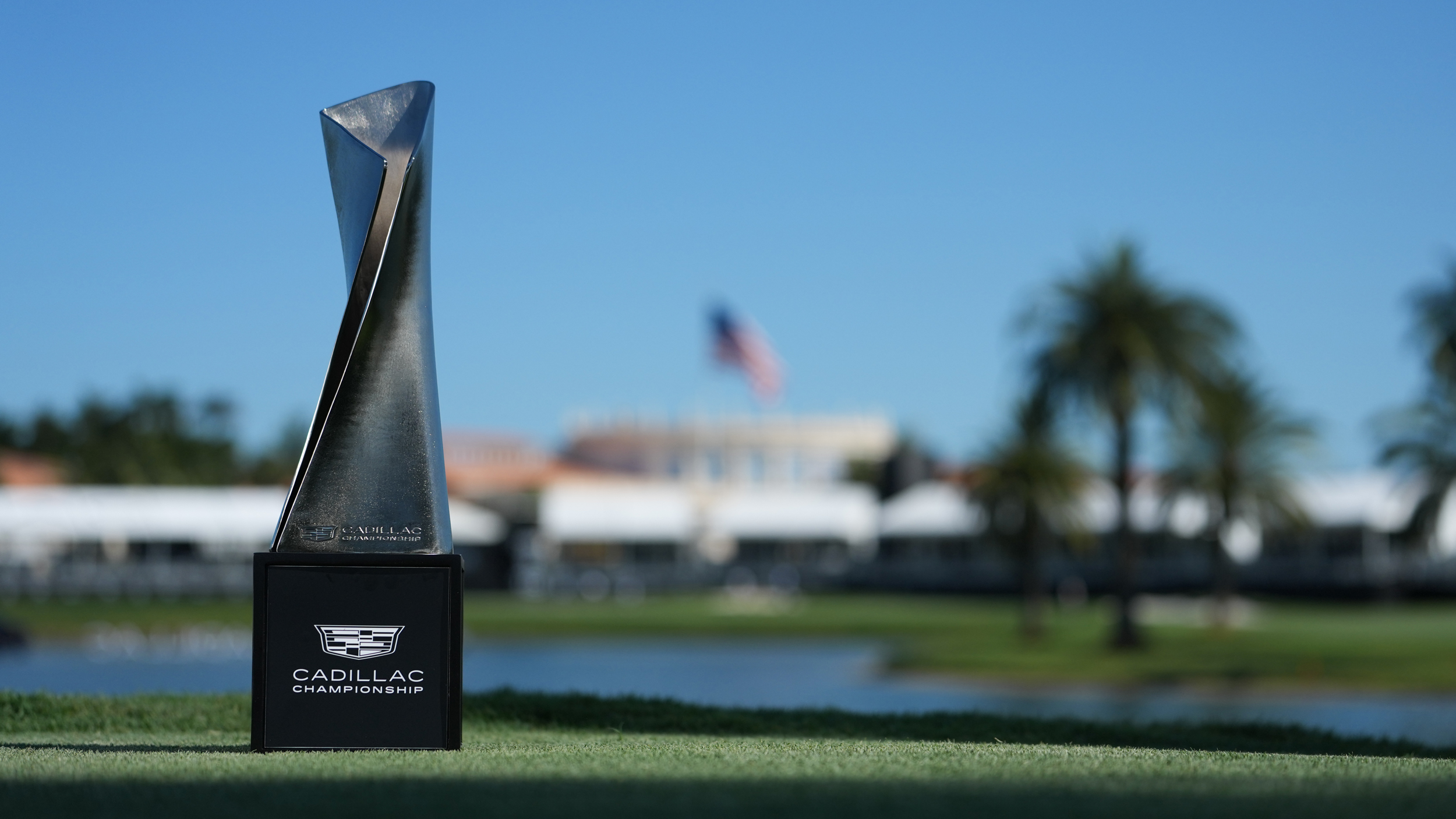 The Cadillac Championship trophy seen on the 18th tee at Trump National Doral