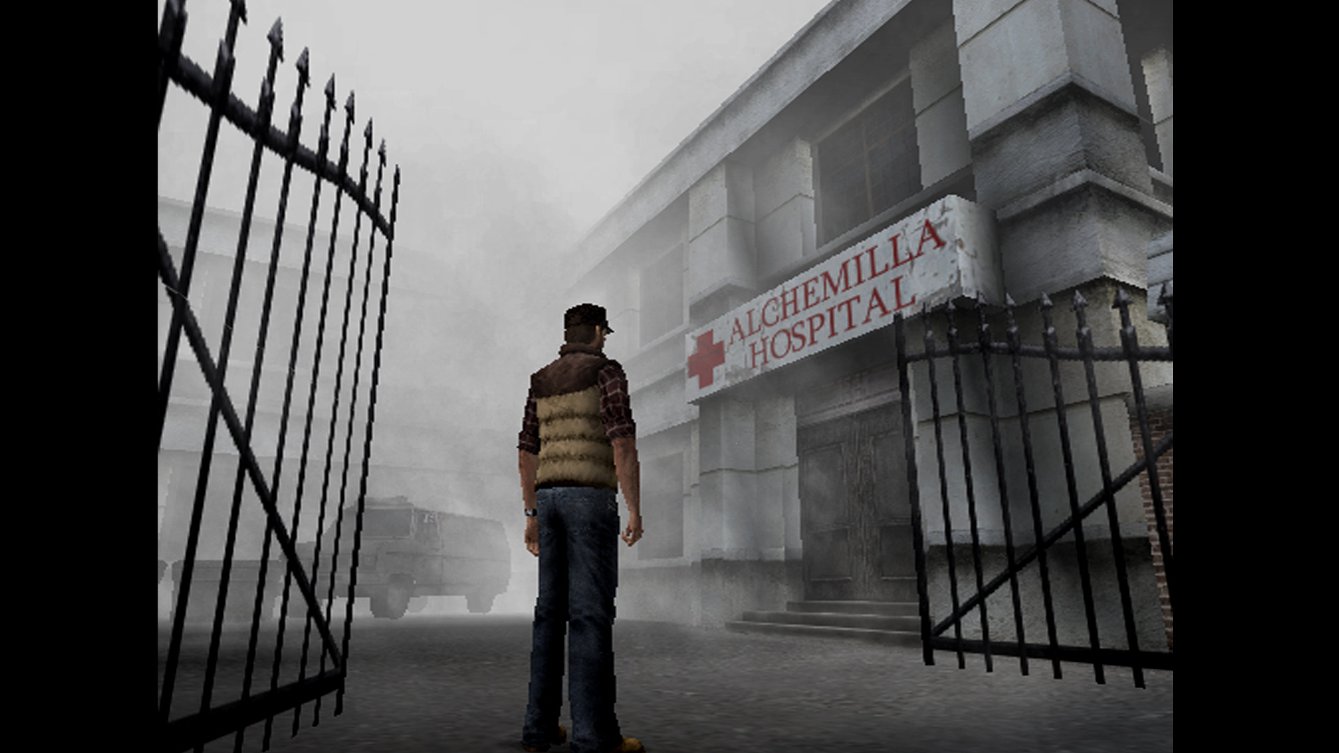 Travis stands outside the hospital in Silent Hill Origins
