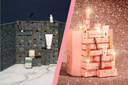 a collage showing the Liberty and Charlotte Tilbury beauty advent calendars