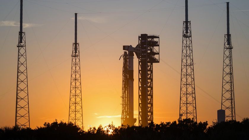 The Falcon 9 rocket and Dragon spacecraft that will fly the Crew-12 astronaut mission to the International Space Station for NASA stand on the launch pad at Cape Canaveral Space Force Station in Florida at sunset on Feb. 10, 2026.