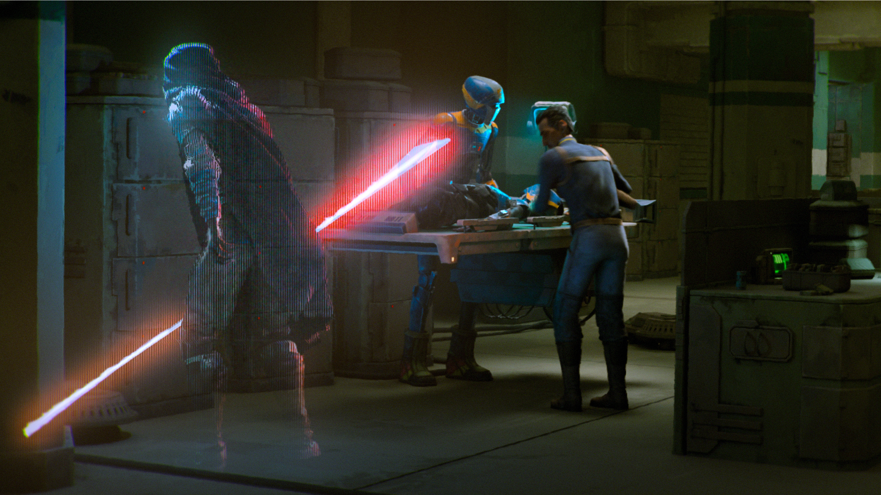 Detective Brander Lawson (voiced by Wagner Moura) watches a digital projection of a cloaked figure (Maul) in a still from "Star Wars: Maul - Shadow Lord"