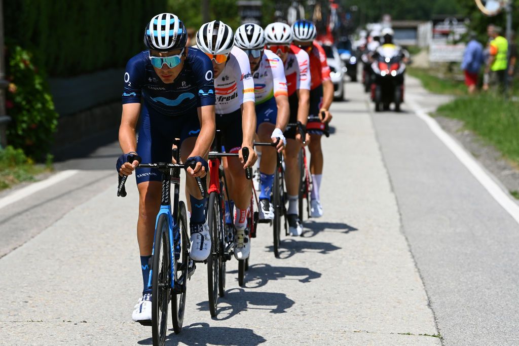 NOVAZZANO SWITZERLAND JUNE 16 Johan Jacobs of Switzerland and Movistar Team competes in the breakaway during the 85th Tour de Suisse 2022 Stage 5 a 1901km stage from Ambri to Novazzano 364m ourdesuisse2022 WorldTour on June 16 2022 in Novazzano Switzerland Photo by Tim de WaeleGetty Images