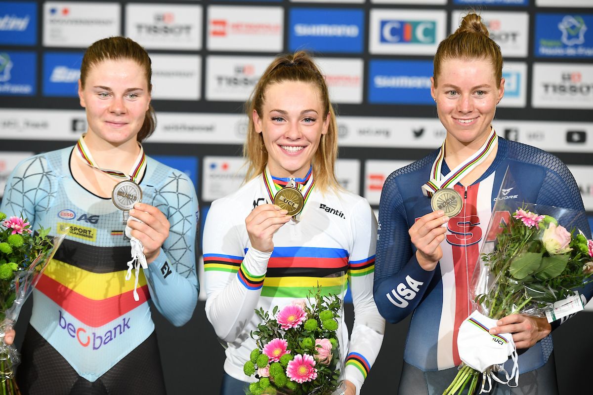 Picture by Simon Wilkinson/SWpix.com - 21/10/2021 - Cycling - Tissot 2021 UCI Track Cycling World Championships - Women&acirc;s Elimination Race - Stab Velodrome, Roubaix, France - Letizia Paternoster of Italy (Gold), Lotte Kopecky of Belgium (Silver) and Jennifer Valente of the USA (Bronze) on the Womens elimination Race podium