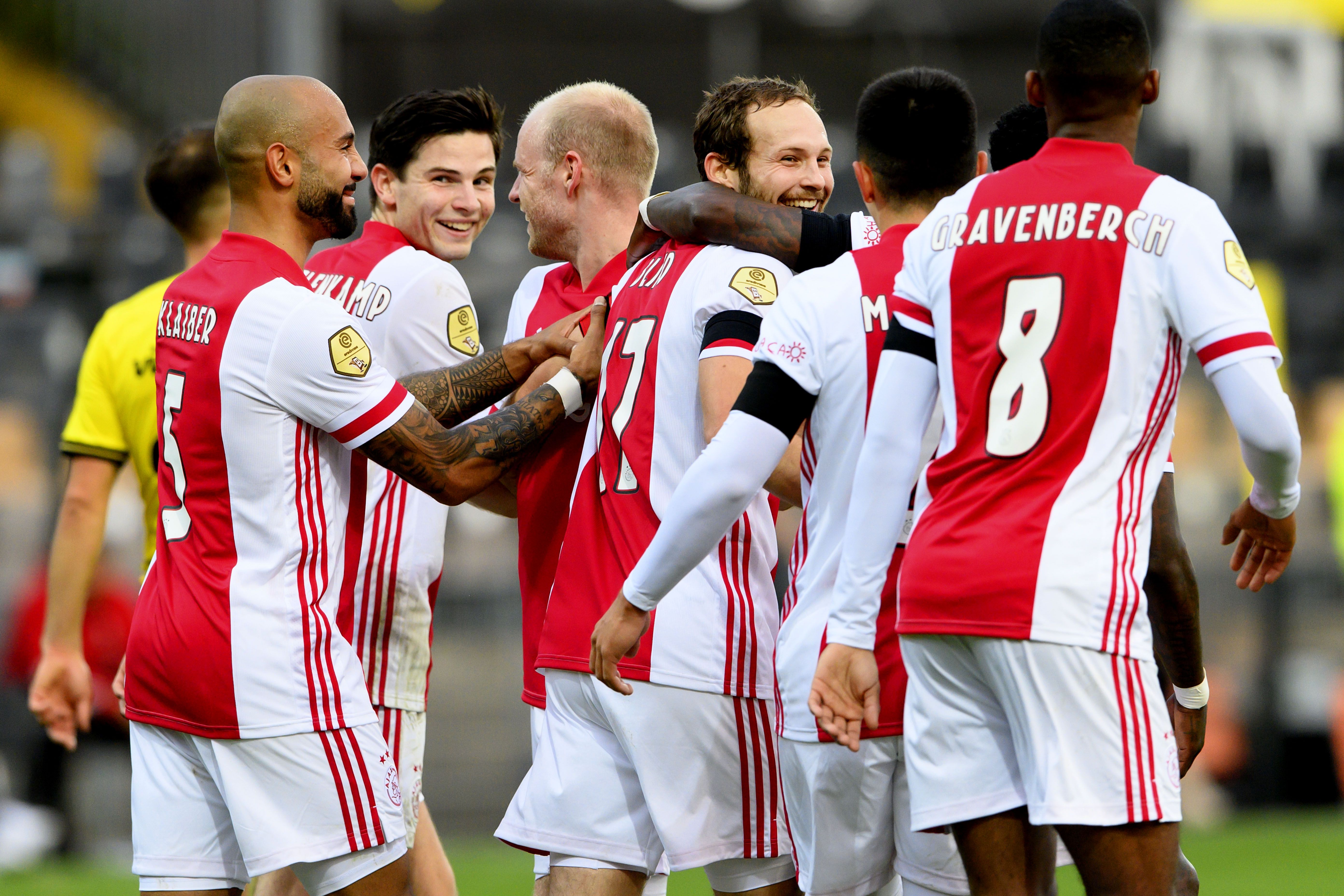 Ajax players celebrate their eighth goal, scored by Daley Blind, in a 13-0 win over VVV-Venlo in October 2020.