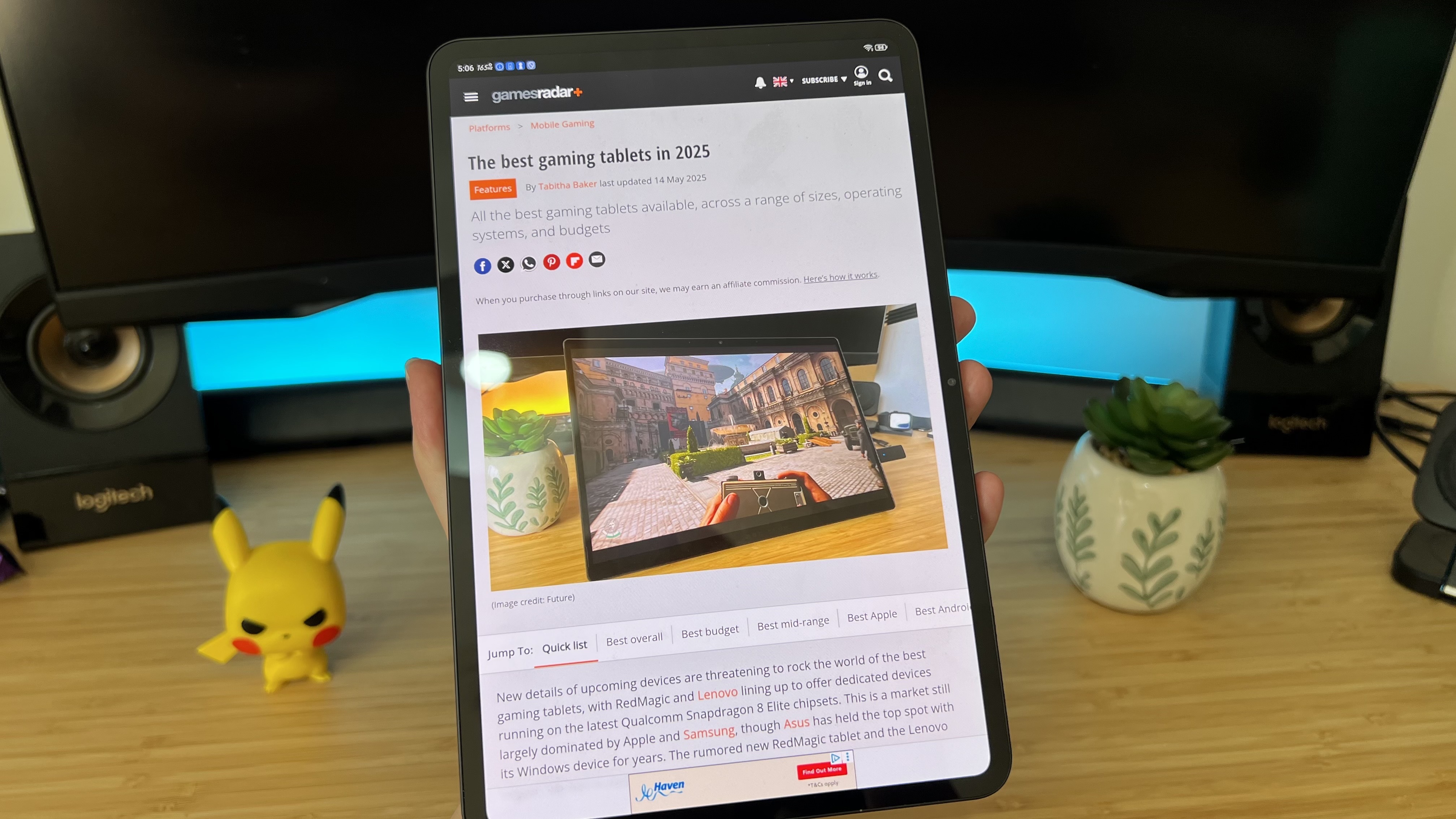 RedMagic Astra gaming tablet showing GamesRadar+ article