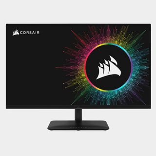 Corsair Xeneon 32UHD144 with logo on screen and rainbow lines 