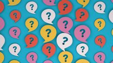 Question marks in speech bubbles on a blue background.