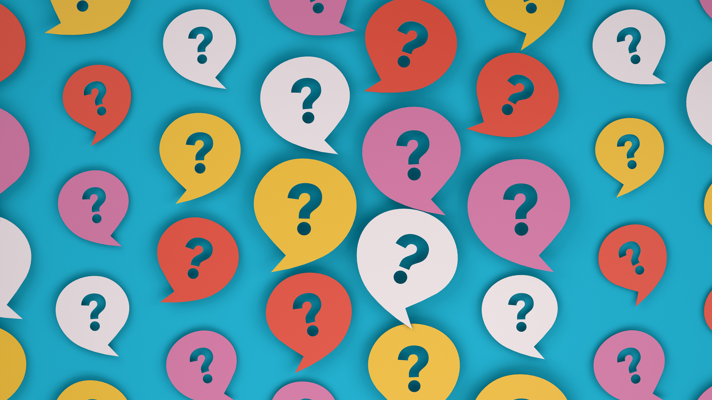 Question marks in speech bubbles on a blue background.