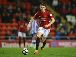 Scott McTominay of Manchester United during the Premier League International Cup Quarter Final match between Manchester United U23 and Porto B at Leigh Sports Village on February 22, 2017 in Leigh, Greater Manchester. (Photo by Alex Livesey/Getty Images)