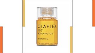 An orange Olaplex No.7 Bonding Oil jar, with a clear lid, with colored columns to either side