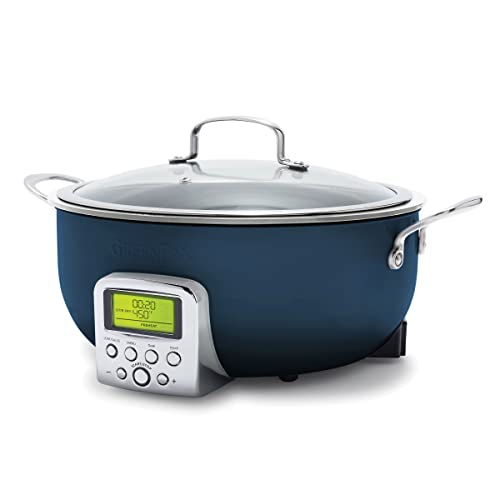 Greenpan Elite Essential Smart Electric 6qt Skillet Pot, Presets to Sear Saute Stir-Fry and Cook Rice, Healthy Ceramic Nonstick and Dishwasher Safe Parts, Easy-To-Use Led Display, Oxford Blue