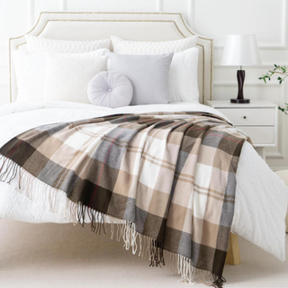 A brown and white checkered throw blanket.