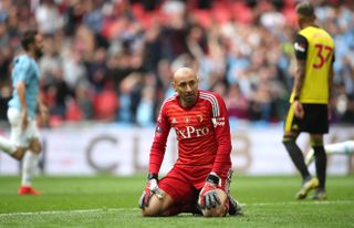 Watford goalkeeper Heurelho Gomes endured a tough afternoon at Wembley