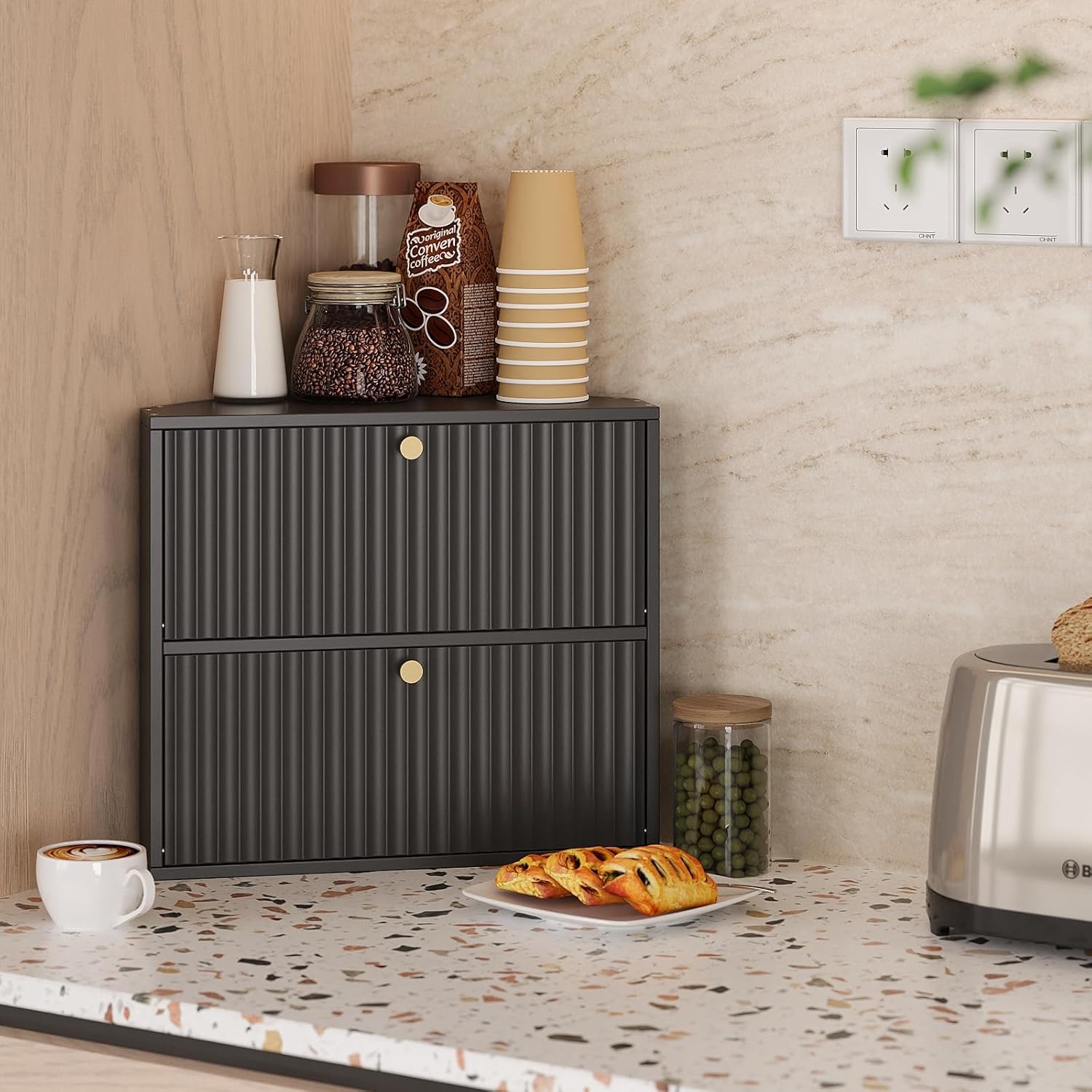 Trironsun Corner Bread Box for Kitchen Countertop Bamboo Two Layer Large Capacity Bread Storage Bin Vintage Storage for Homemade Bread (black)