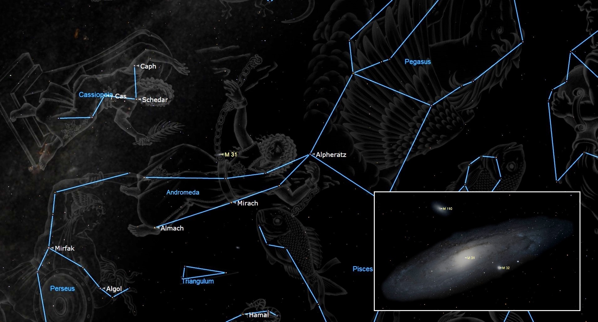In October, the Andromeda Galaxy is climbing the northeastern sky during evening. This large spiral galaxy, also designated Messier 31 and NGC 224, is 2.5 million light years from us, and covers an area of sky measuring 3 by 1 degrees (or six by two full moon diameters)!