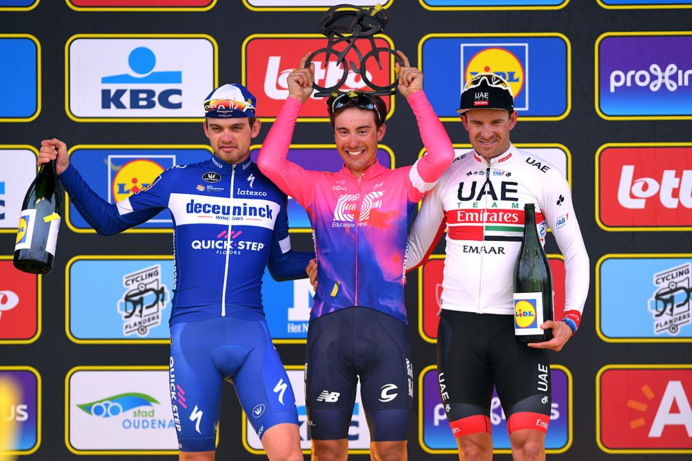 Alberto Bettiol (EF Education First) holds up the trophy after winning Tour of Flanders