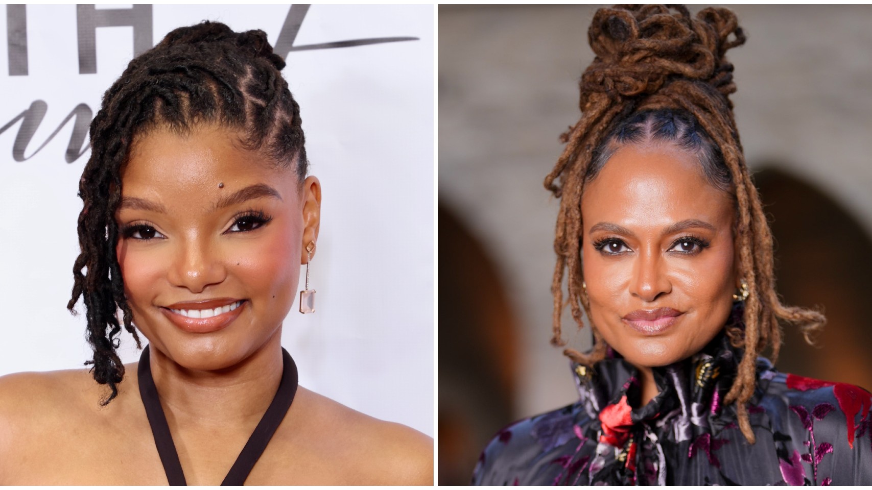 a side by side image of two black women with locs