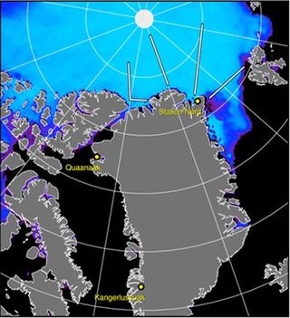 Scheduled flight transects for the scientific aircraft Polar 5 during the campaign TIFAX in the Arctic. White lines mark the transects for ice thickness measurements.