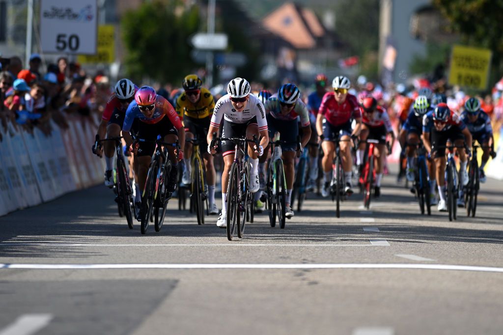 YVERDONLESBAINS SWITZERLAND SEPTEMBER 15 LR Stage winner Sofia Bertizzolo of Italy and UAE Team ADQ Carina Schrempf of Austria and Team FenixDeceuninck and Soraya Paladin of Italy and CanyonSRAM Racing Team sprint at finish line during the 2nd Tour de Romandie Feminin 2023 Stage 1 a 1441km stage from YverdonlesBains to YverdonlesBains UCIWWT on September 15 2023 in YverdonlesBains Switzerland Photo by Dario BelingheriGetty Images