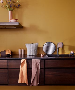 Dark wood mahogany kitchen with yellow wall