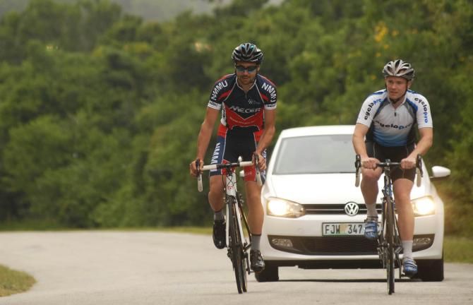 Pro cyclist John-Lee Augustyn (left) and Cyclo Pro/GT representative Andrew Briggs (right) tackle the Slanghoogte climb on the new 106km Classic route for The Herald VW Cycle Tour, which takes place on February 3