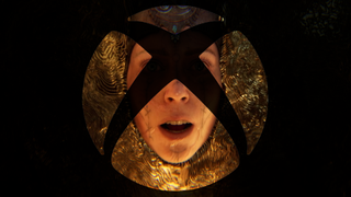 An Xbox logo, superimposed on a picture of Senua from Hellblade.