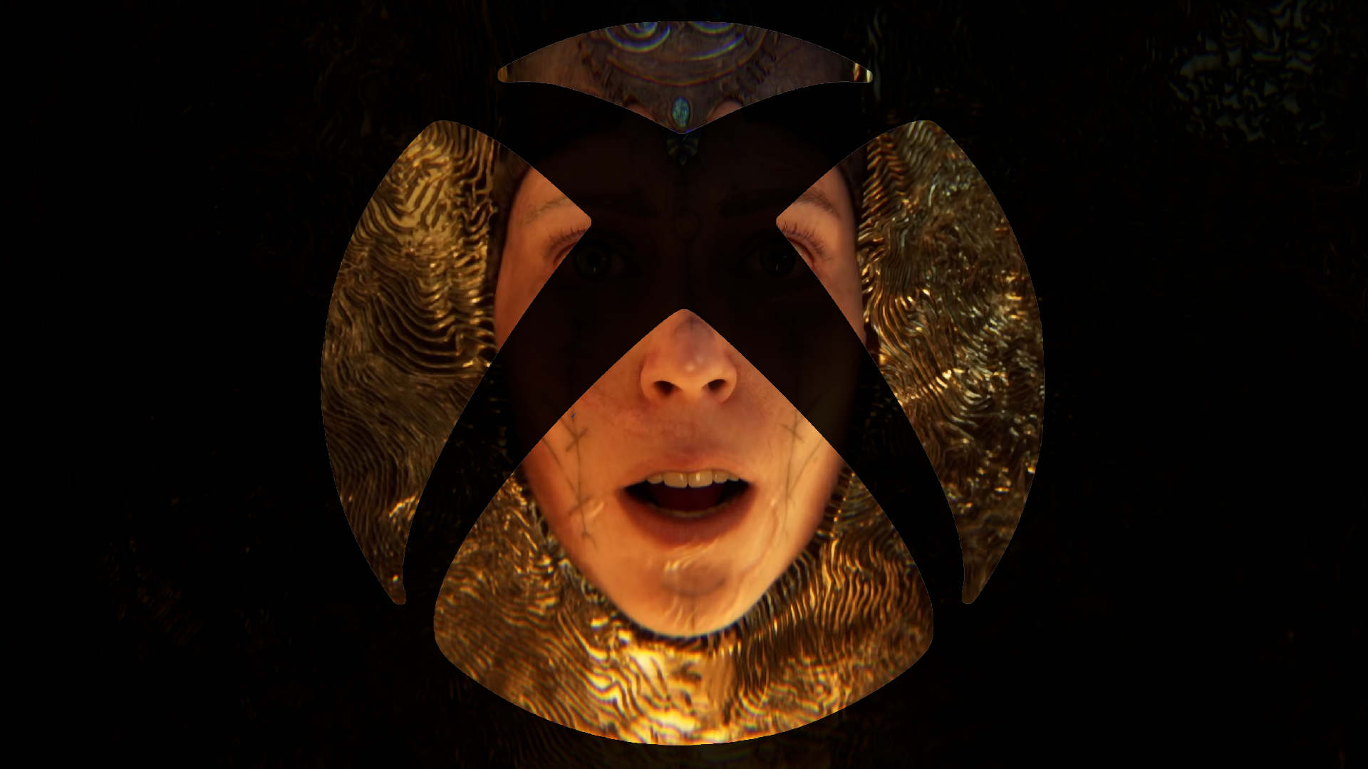 An Xbox logo, superimposed on a picture of Senua from Hellblade. 