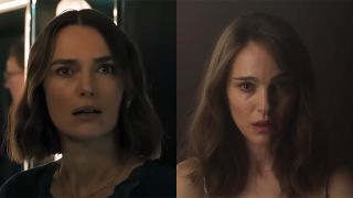 Keira Knightley looking horrified in The Woman in Cabin 10 side-by-side with Natalie Portman looking the same in May To December.