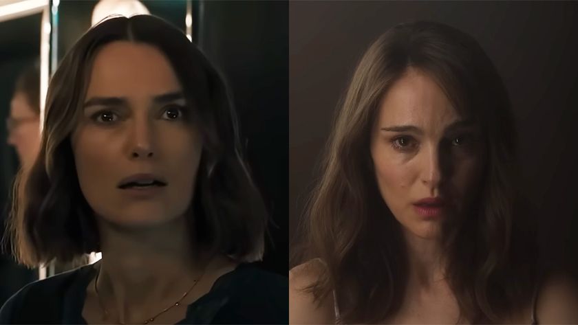 Keira Knightley looking horrified in The Woman in Cabin 10 side-by-side with Natalie Portman looking the same in May To December.