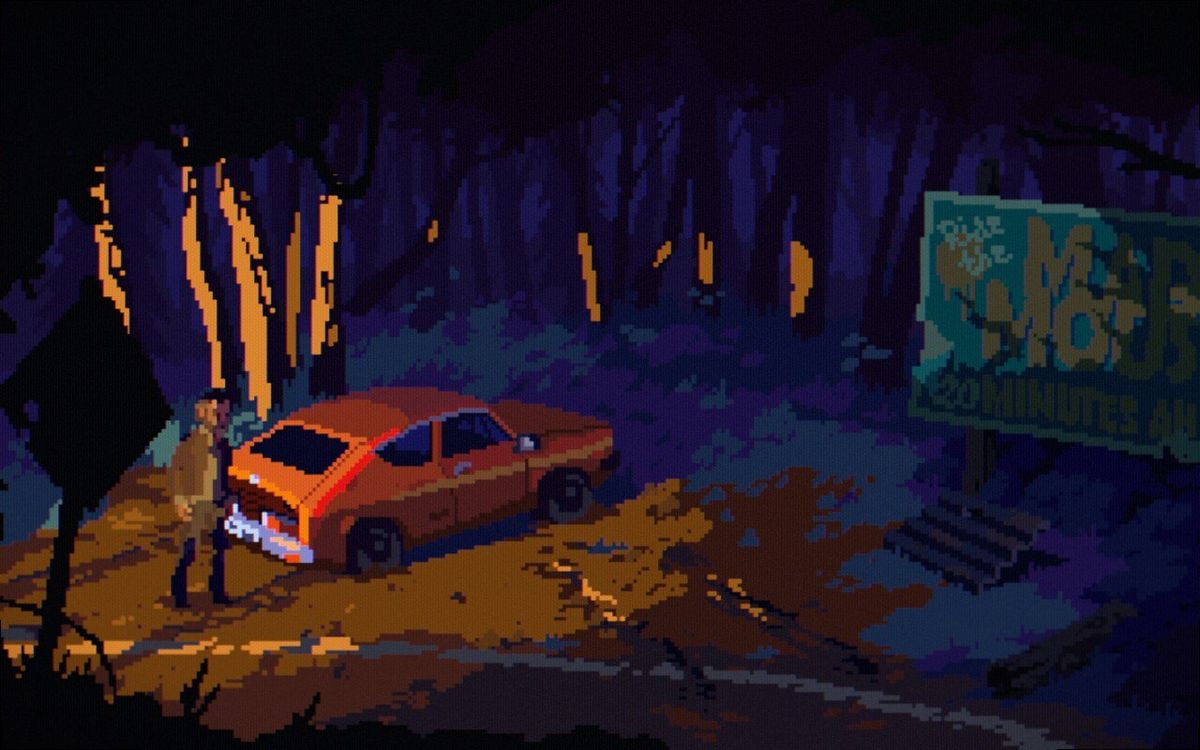 A screenshot of The Drifter, showing the protagonist in a grimy urban environment