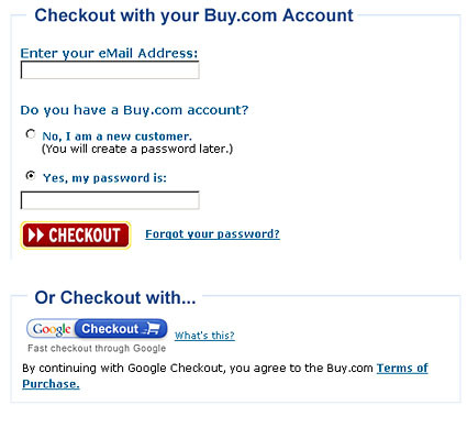 Google says that stores accepting Checkout can be identified with a green shopping cart logo next to their URL in Google ads. At least on Thursday morning, these shopping carts haven't surfaced. But retailers such as buy.com are already offering Checkout