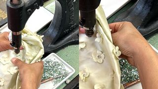 a close up look at floral appliqués being applied to Storm Reid's met gala dress