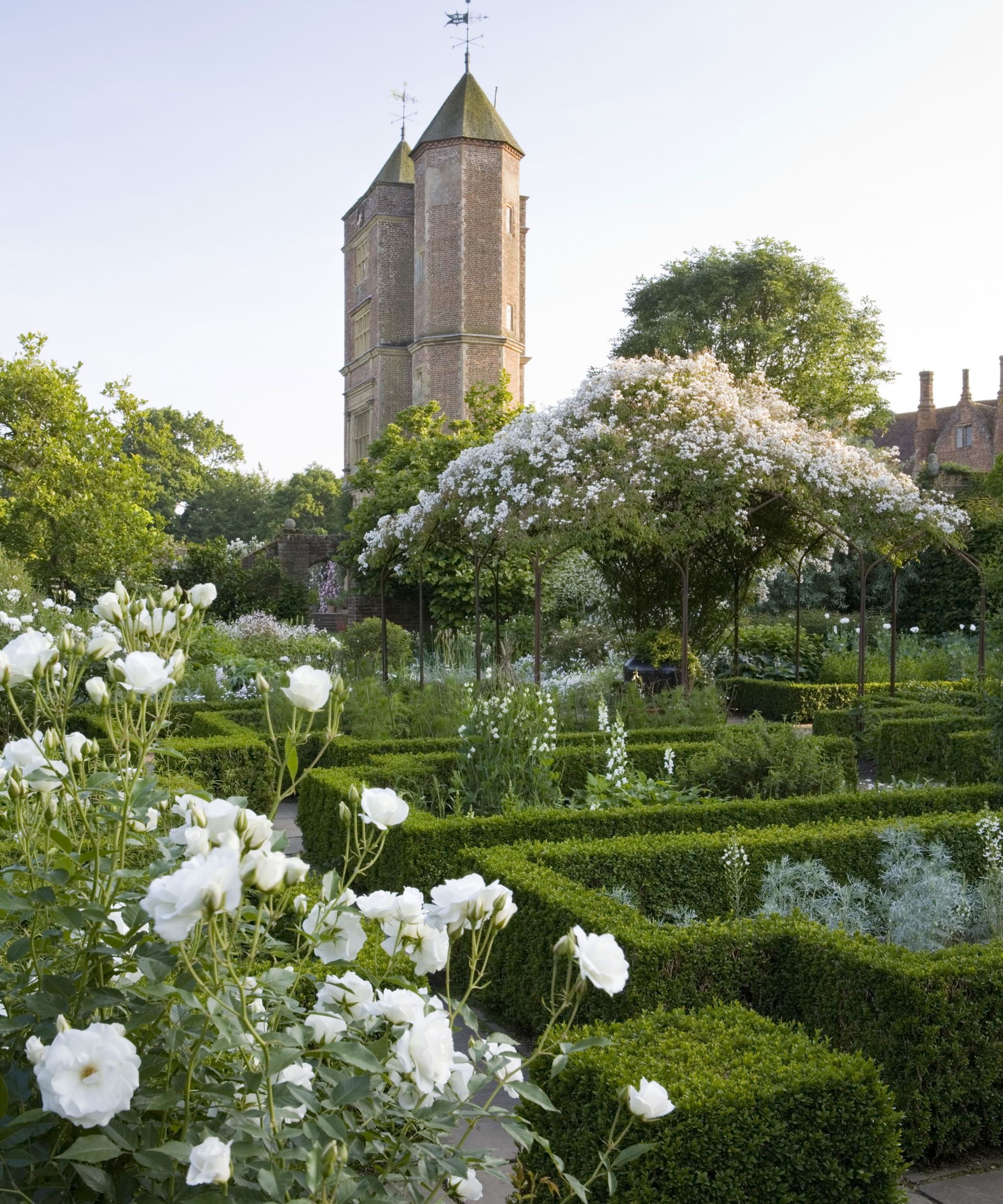 white garden at sissinghurst with box hedging
