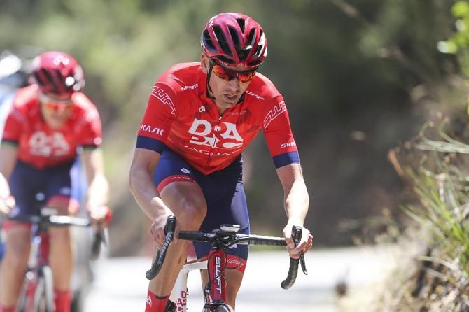 A Drapac rider suffering on the climb