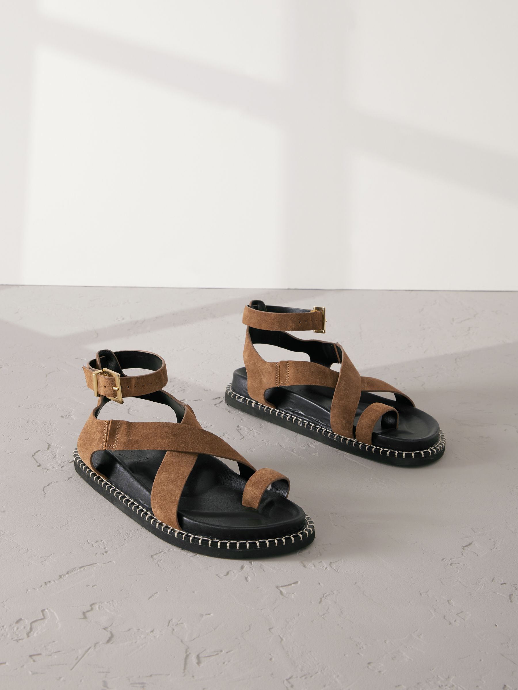 Tan Brown Suede Signature Premium Footbed Toe Loop Sandals