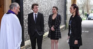 Tina Carter prepares herself with Whitney Carter and Johnny Carter for Sylvie Carter's funeral in Eastenders.