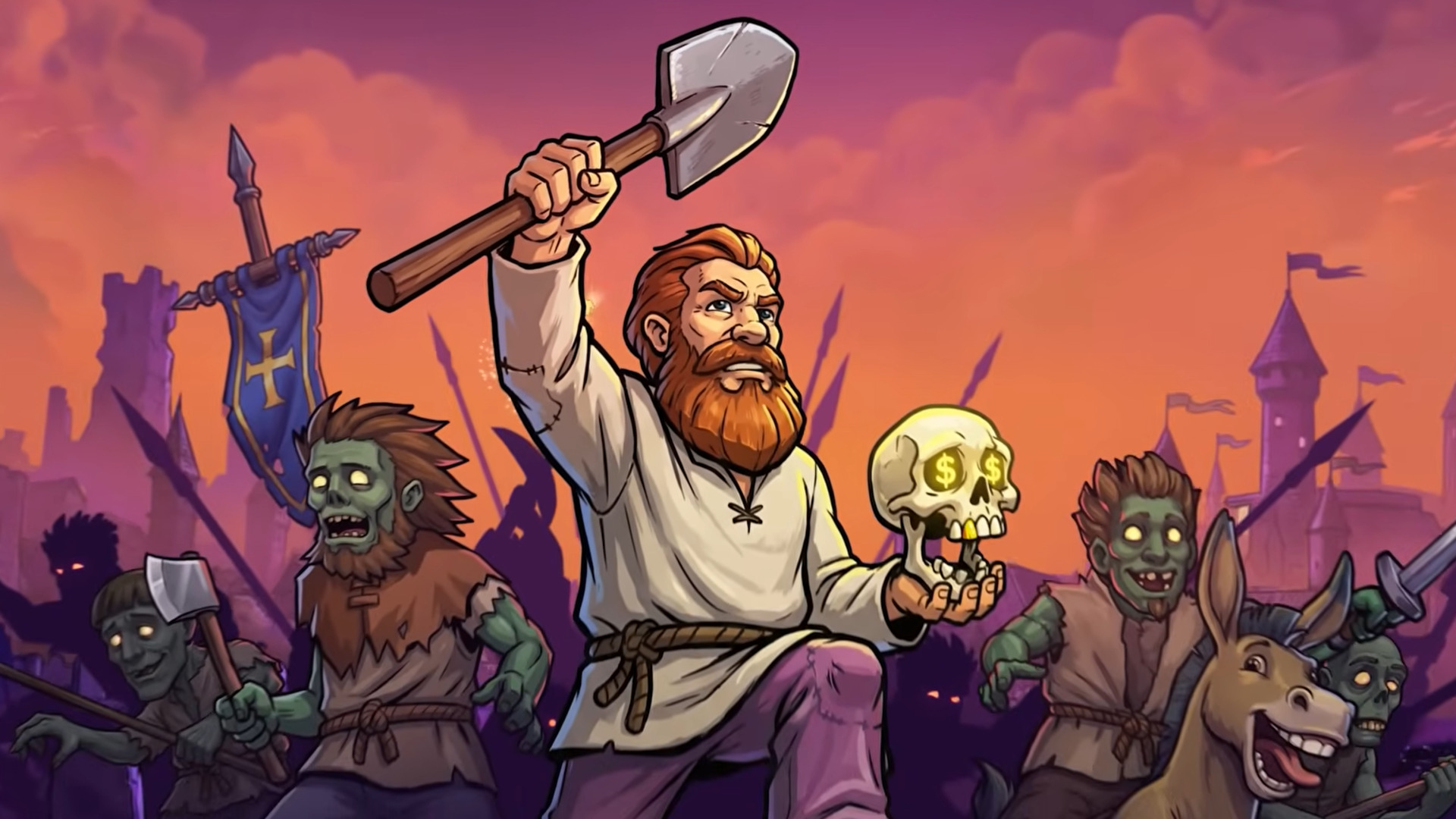 Bearded man raises shovel in one hand and holds skull in the other as zombie army backs him