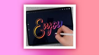 A shot of Procreate on the screen on an iPad that features colourful typography 