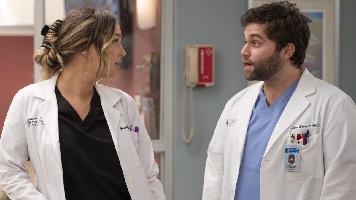 Jo Wilson (Camilla Luddington) talks to a shocked Levi Schmitt (Jake Borelli) in the hospital during an episode of Grey&#039;s Anatomy.