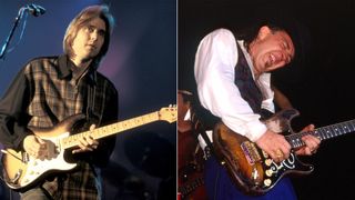 Eric Johnson (left) and Stevie Ray Vaughan perform onstage