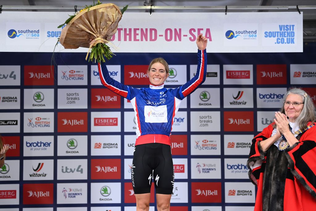 SOUTHEND ENGLAND OCTOBER 07 Demi Vollering of Netherlands and Team SD Worx celebrates winning the Blue leaders jersey on the podium ceremony after the 7th The Womens Tour 2021 Stage 4 a 1178km stage from Shoeburyness to SouthendonSea thewomenstour UCIWWT on October 07 2021 in Southend England Photo by Justin SetterfieldGetty Images