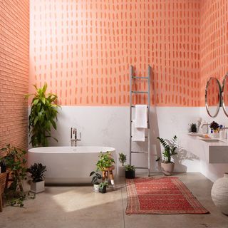 a bathroom with stripe painted wall