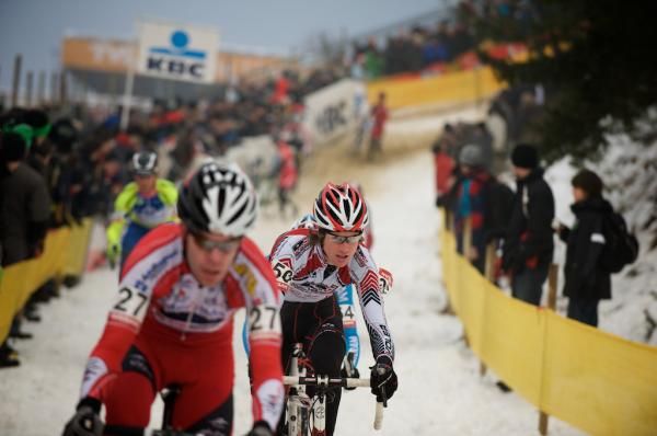 Ryan Iddings pushes through the deep snow at the World Cup in Zolder