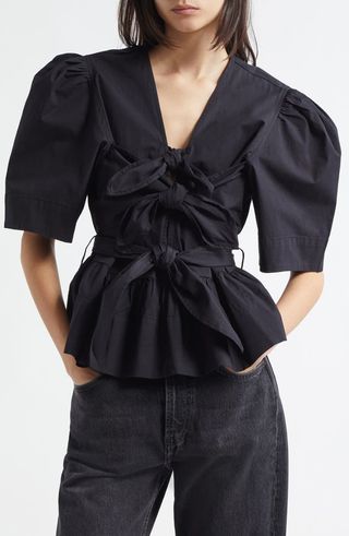 Bow Front Puff Sleeve Organic Cotton Poplin Top