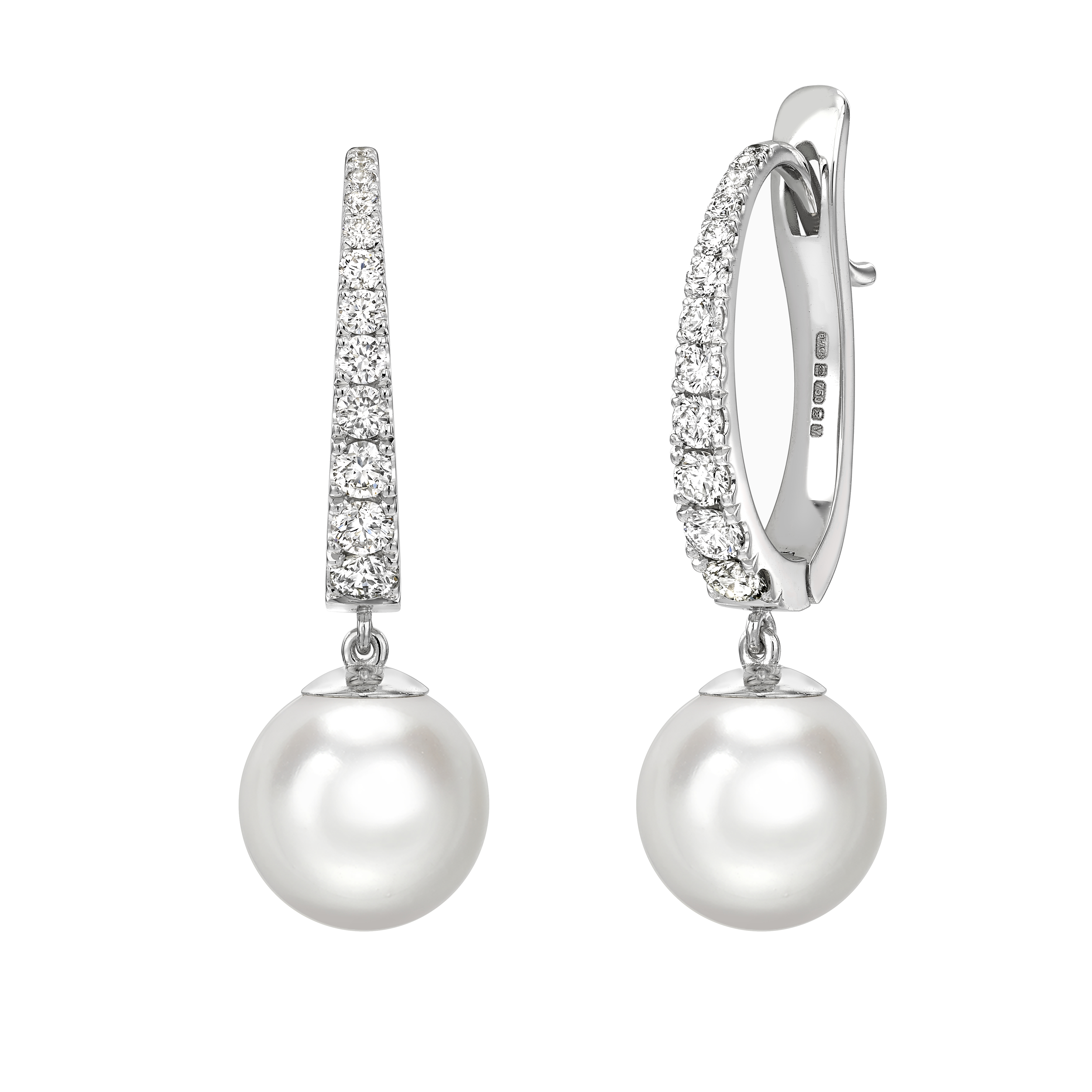 Pearl drop earrings on a diamond hoop